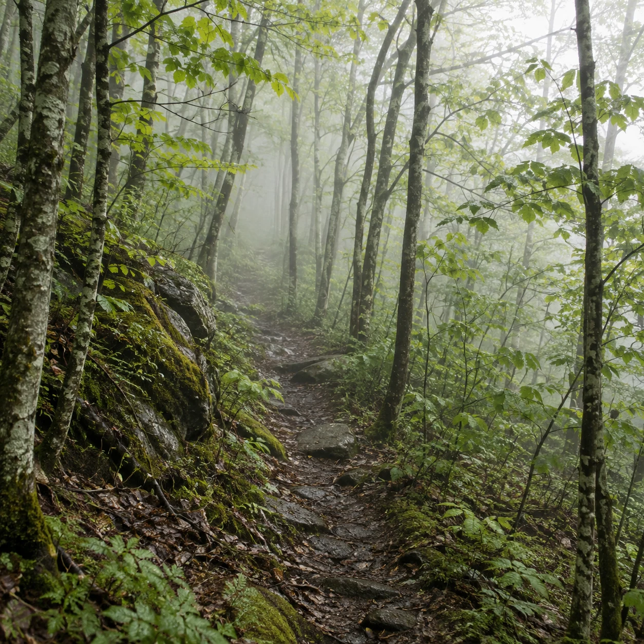 Narrow uneven path between slender leafy saplings on a mossy woodland slope.