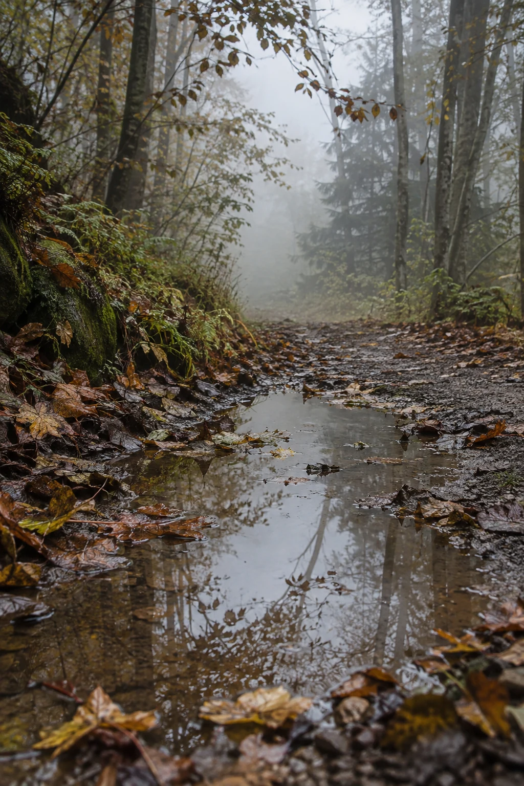 Shallow woodland trail puddle reflecting branches and pale sky among wet autumn leaves.