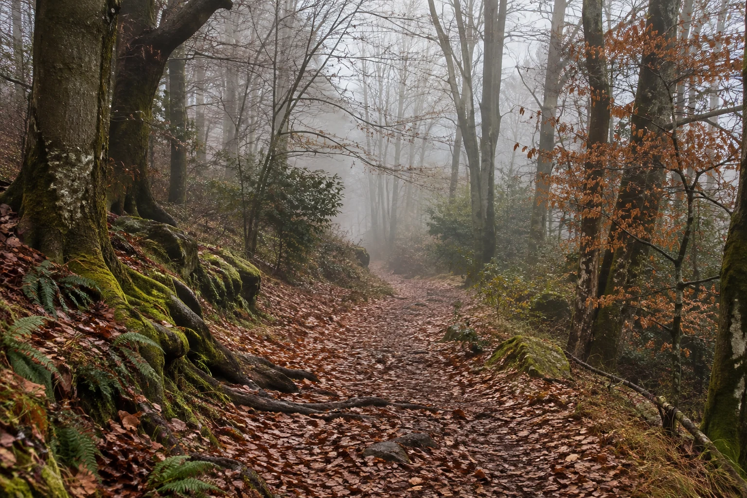 Leaf-covered woodland track between mossy roots and trees with sparse copper foliage.