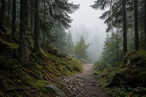 Stony woodland path leading between dark conifers toward a bright misty opening.