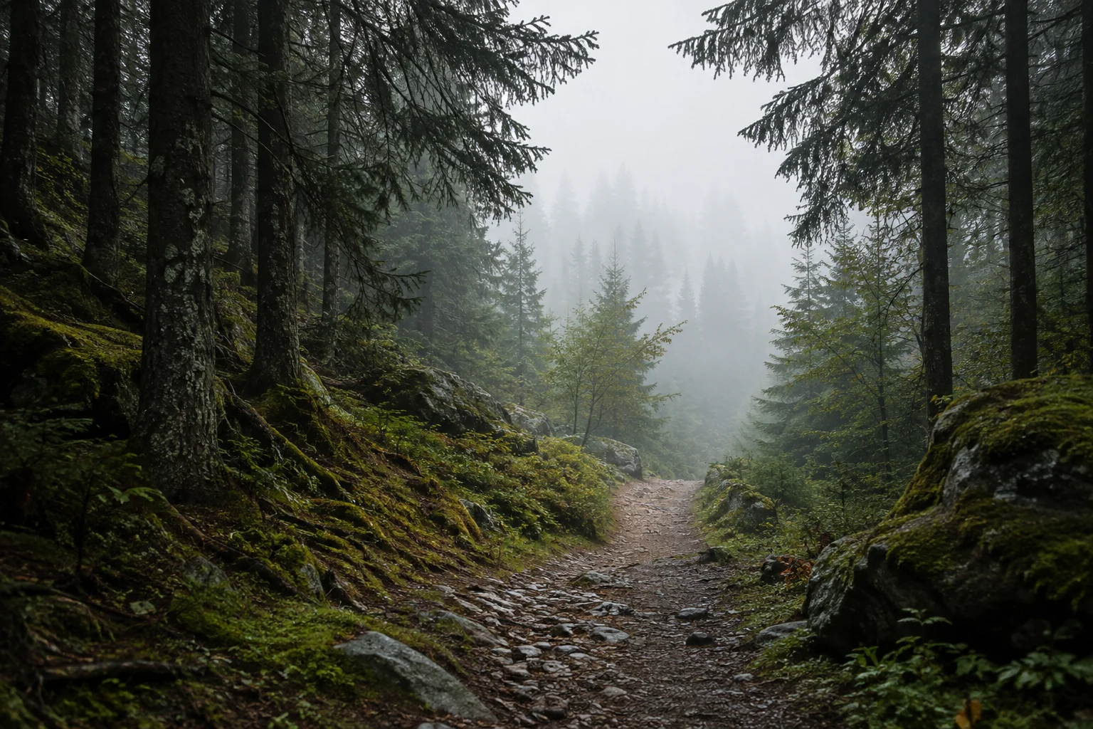 Stony woodland path leading between dark conifers toward a bright misty opening.