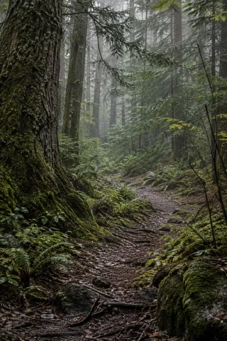 Narrow damp path turning behind a large moss-covered tree trunk in misty woodland.