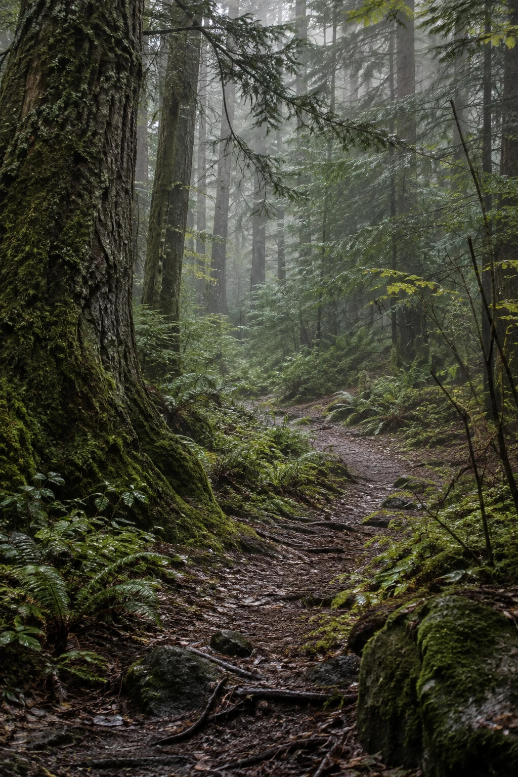 Narrow damp path turning behind a large moss-covered tree trunk in misty woodland.