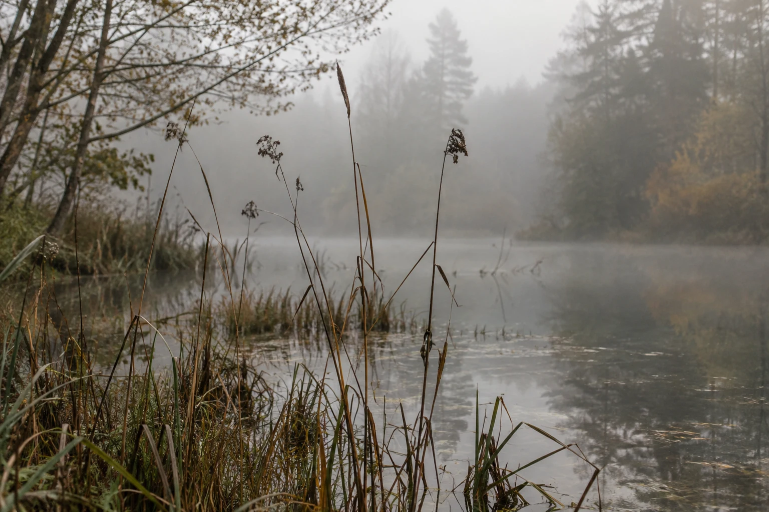 Unequal reed stems and dry seed heads beside still water and a misty wooded shore.