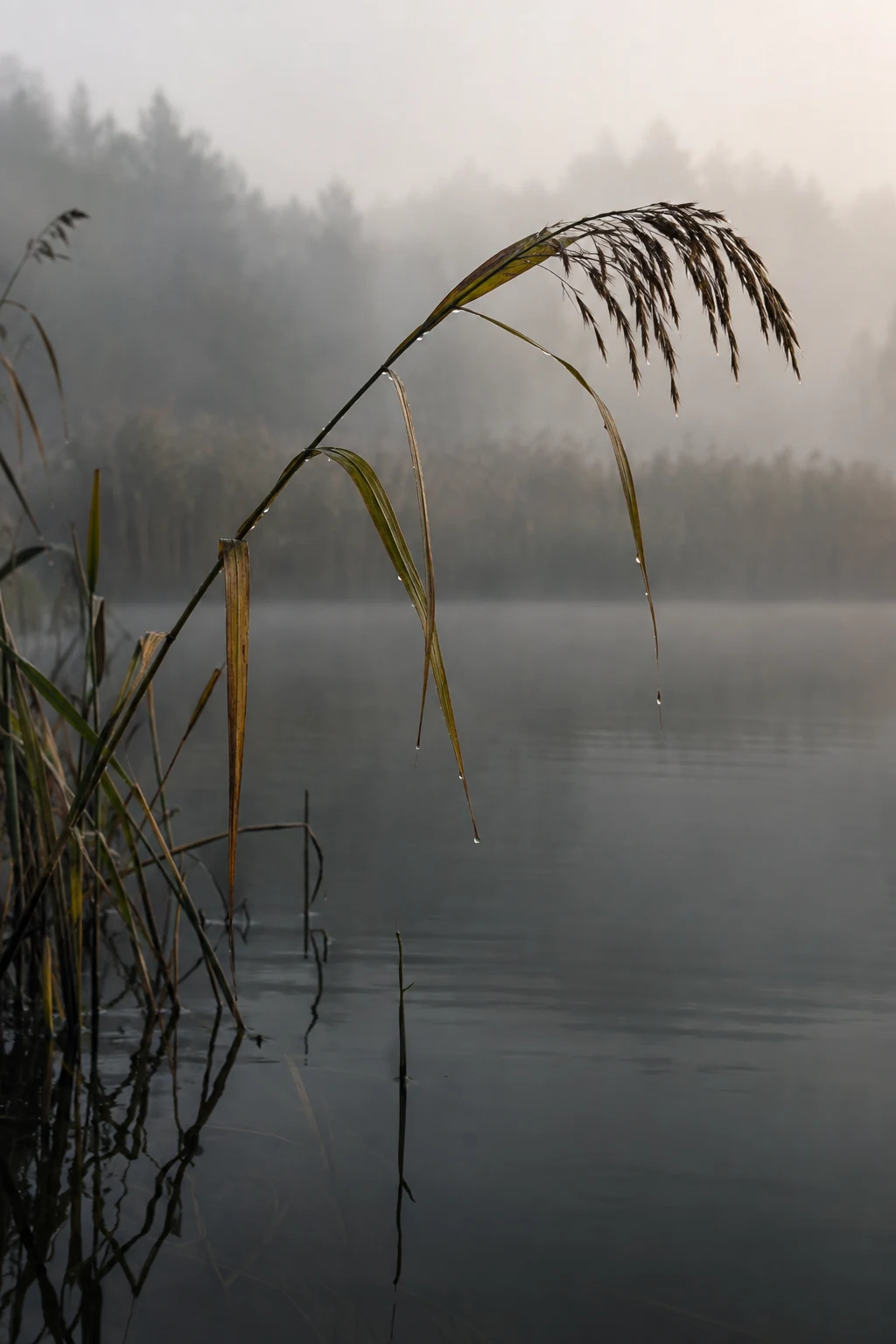 Single arching reed with a dry seed head and hanging droplets over still misty water.