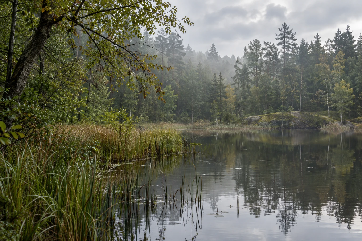 Reed-lined pond margin with mixed woodland, a low rock bank and softly rippled reflections.