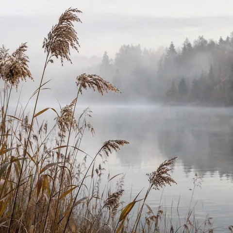 Unequal dry golden reed heads beside pale still water and a misty woodland shore.