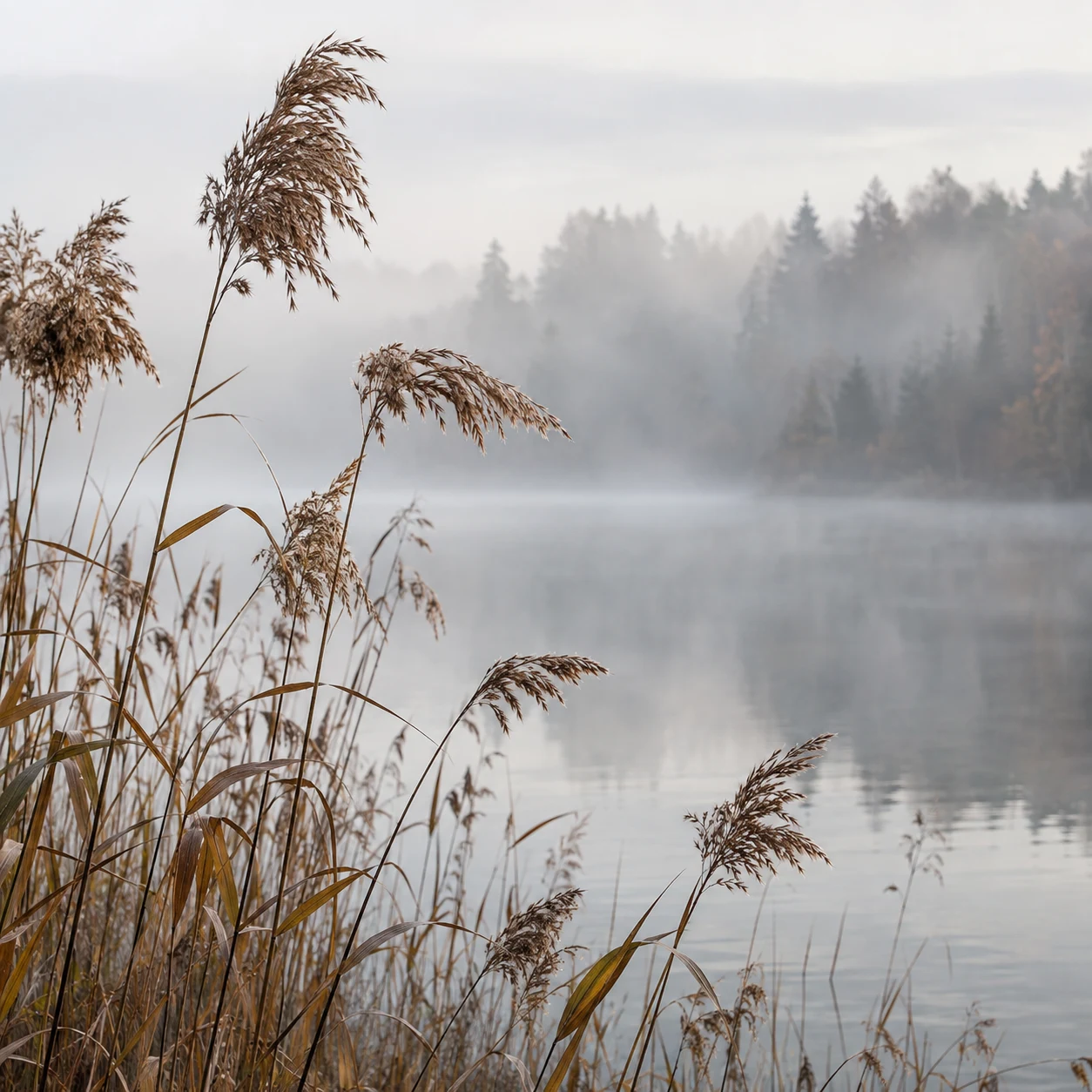 Unequal dry golden reed heads beside pale still water and a misty woodland shore.