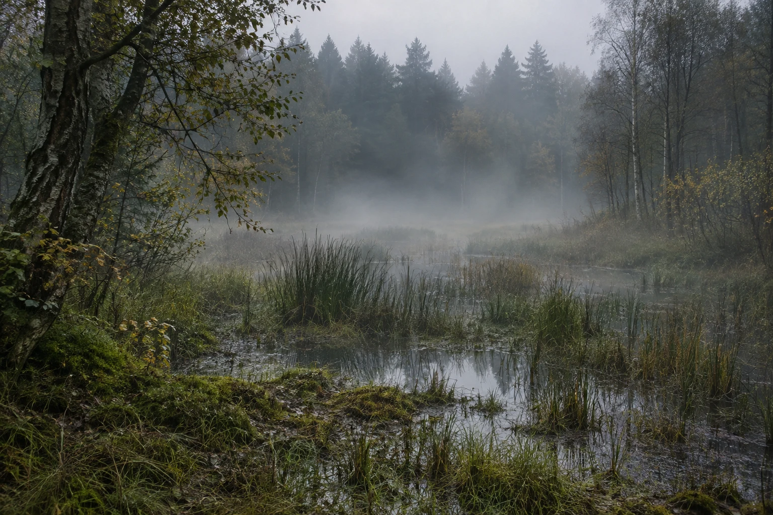 Shallow woodland wetland with uneven reed clumps, grasses, small reflective pools and mist.