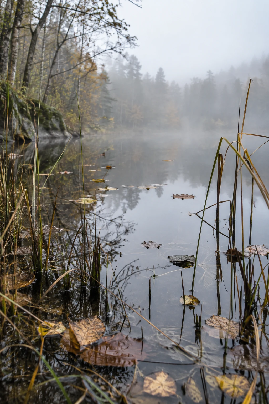 Floating brown and yellow leaves among reeds in still water reflecting misty woodland trees.