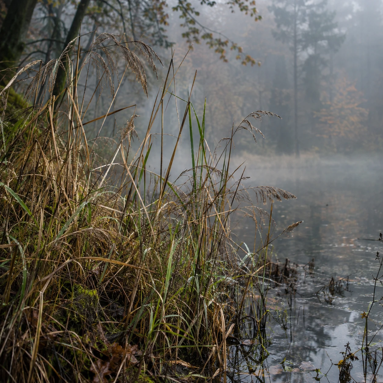 Dry reed heads and green blades beside a misty woodland pool.
