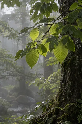 Backlit green leaves with visible veins and overlapping shadows beside a mossy trunk.