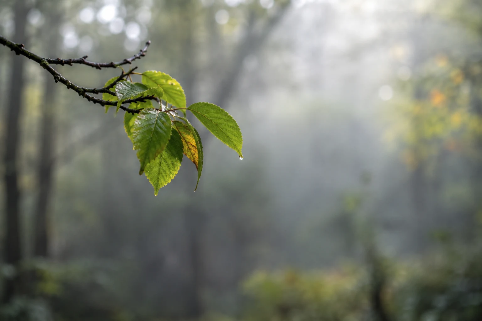 Small green leaf cluster on a slender branch against a softly blurred gray-green forest.