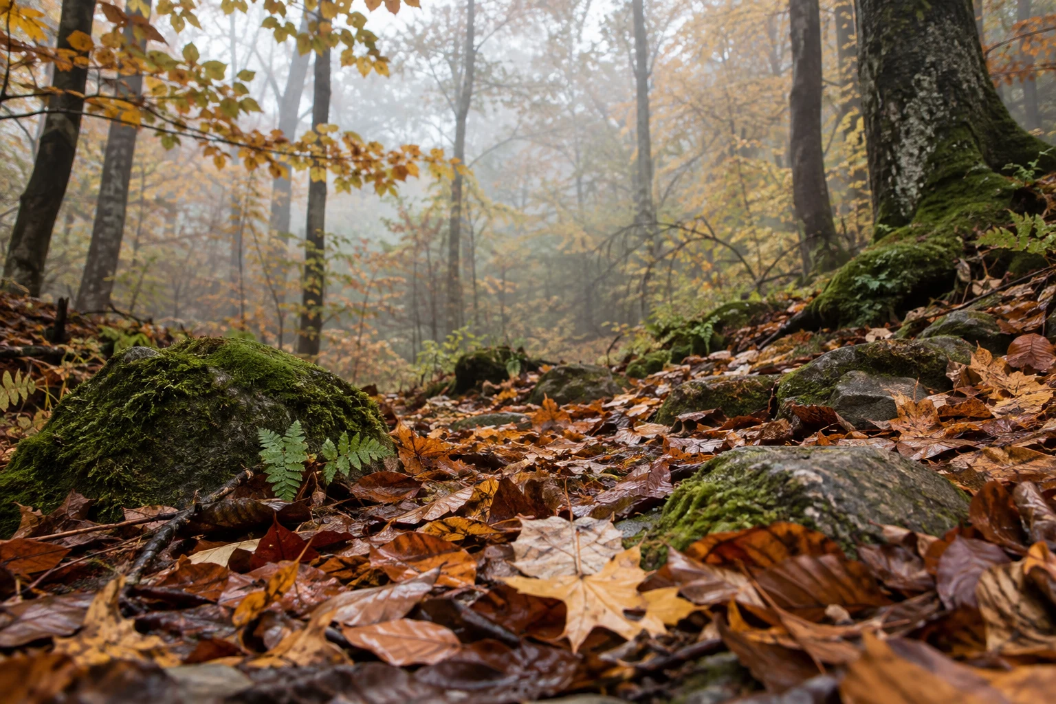 Ground-level view of autumn leaves and mossy stones beneath misty golden woodland.