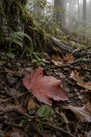Single red fallen leaf on damp brown litter beside moss and small ferns.