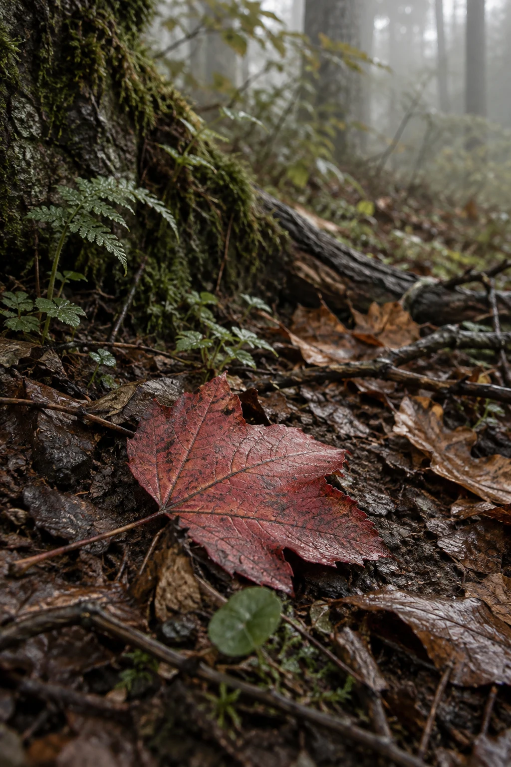 Single red fallen leaf on damp brown litter beside moss and small ferns.