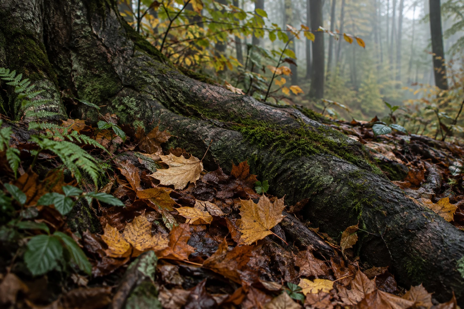 Golden autumn leaves gathered around a broad mossy root with small green woodland plants.