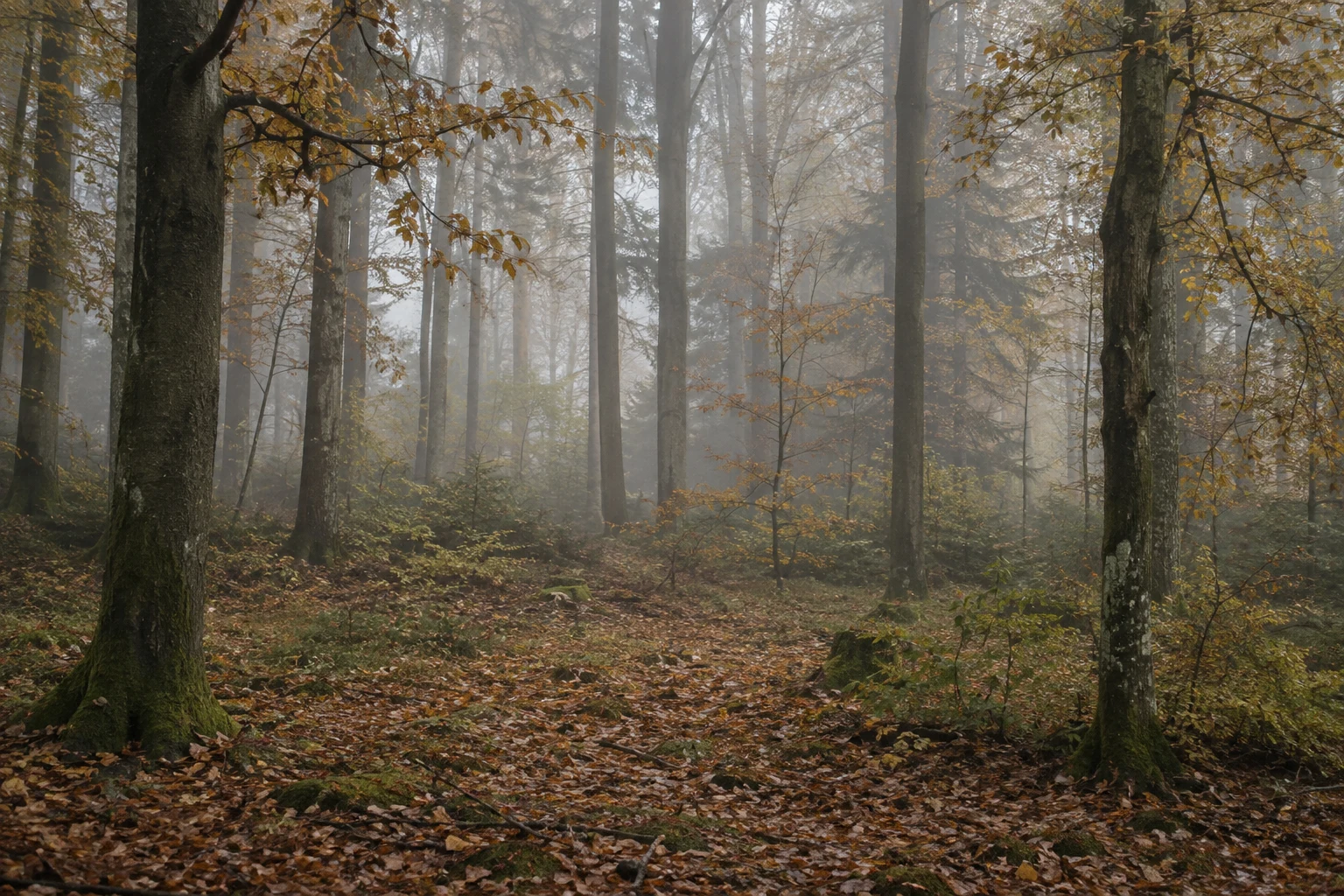 Open autumn forest floor between tall trunks with gold leaves and thin mist.