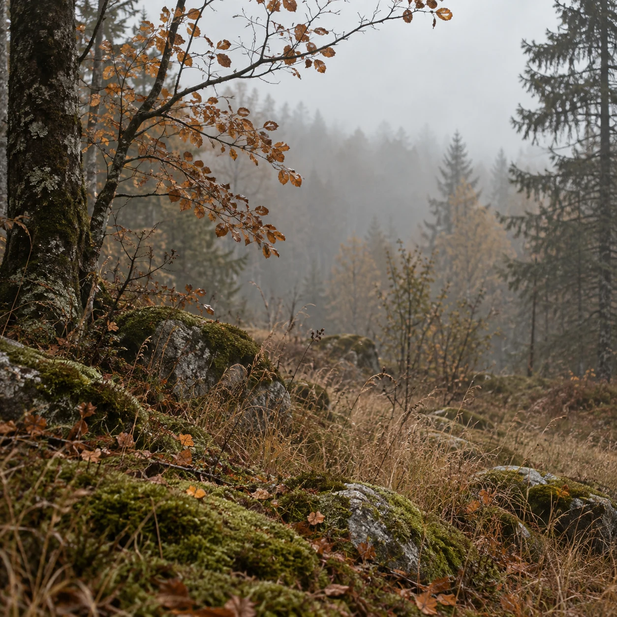 Dry grass, copper leaves and mossy stones beside a tree at a misty woodland edge.