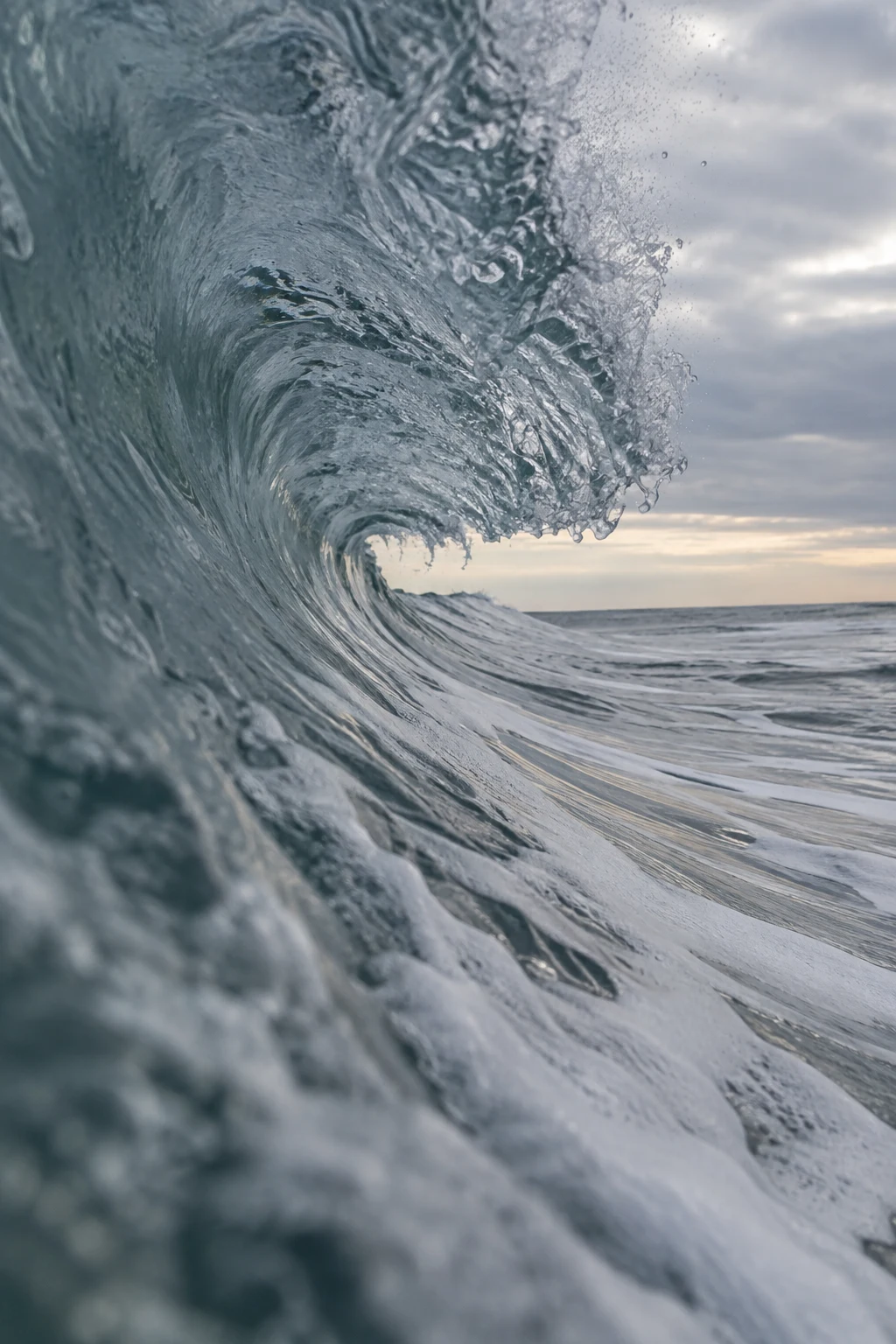 A silver-blue wave curls beside the viewer, opening toward a cloudy strip of sky.