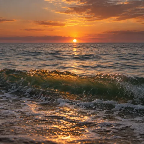 A small dark-green wave catches copper sunset light below an orange evening sky.