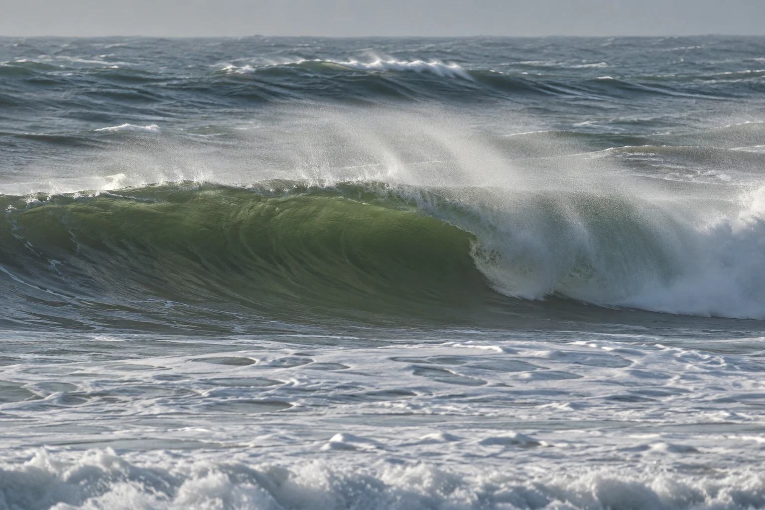 Wind lifts a fine veil of spray from a long olive-green breaker.