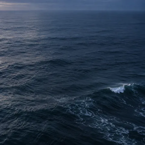 A small white crest breaks at the edge of a broad indigo sea beneath a dim horizon.