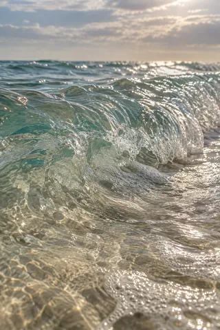 A clear small wave folds over pale sand, catching broken light on its rippled surface.