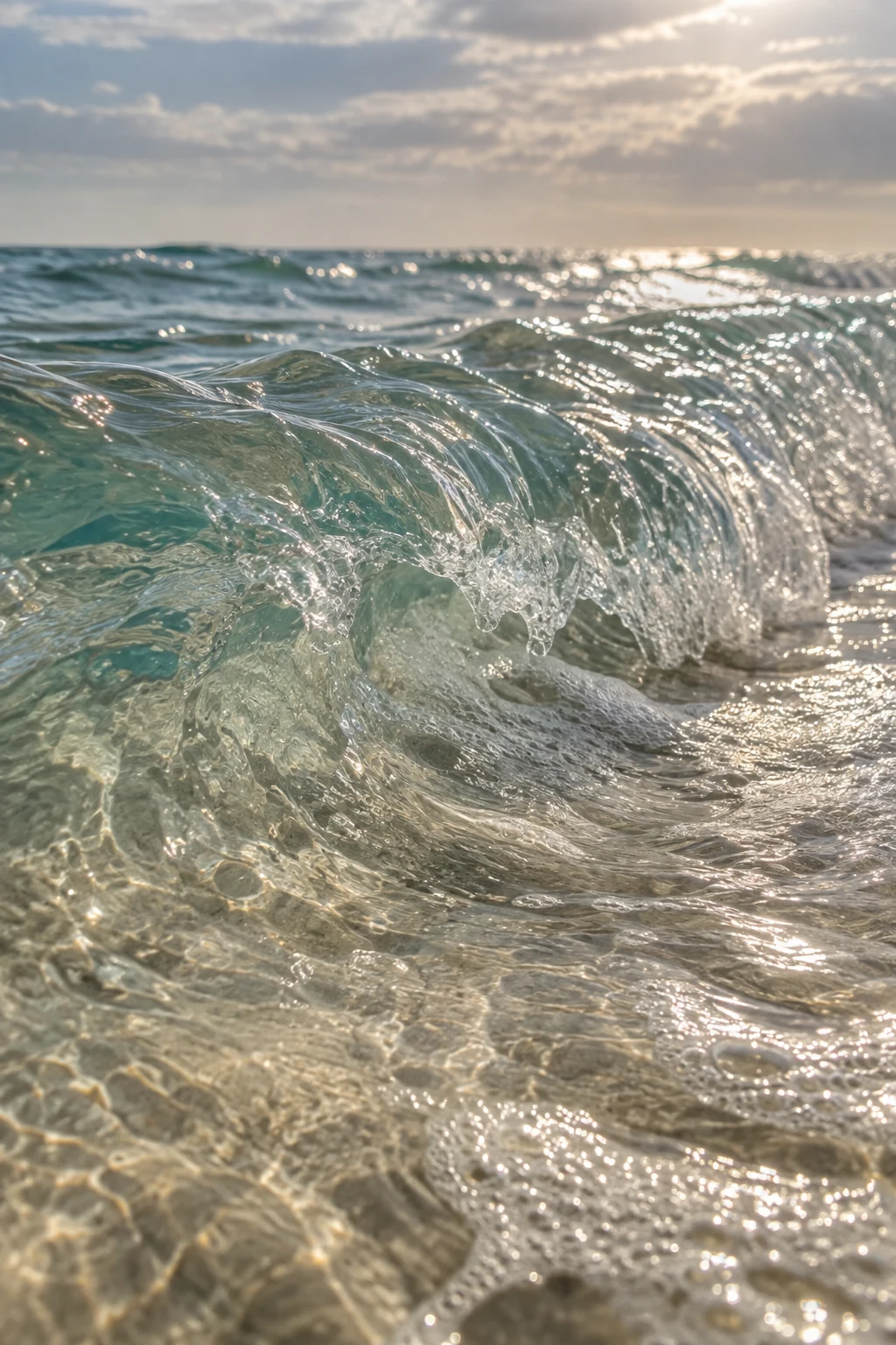 A clear small wave folds over pale sand, catching broken light on its rippled surface.