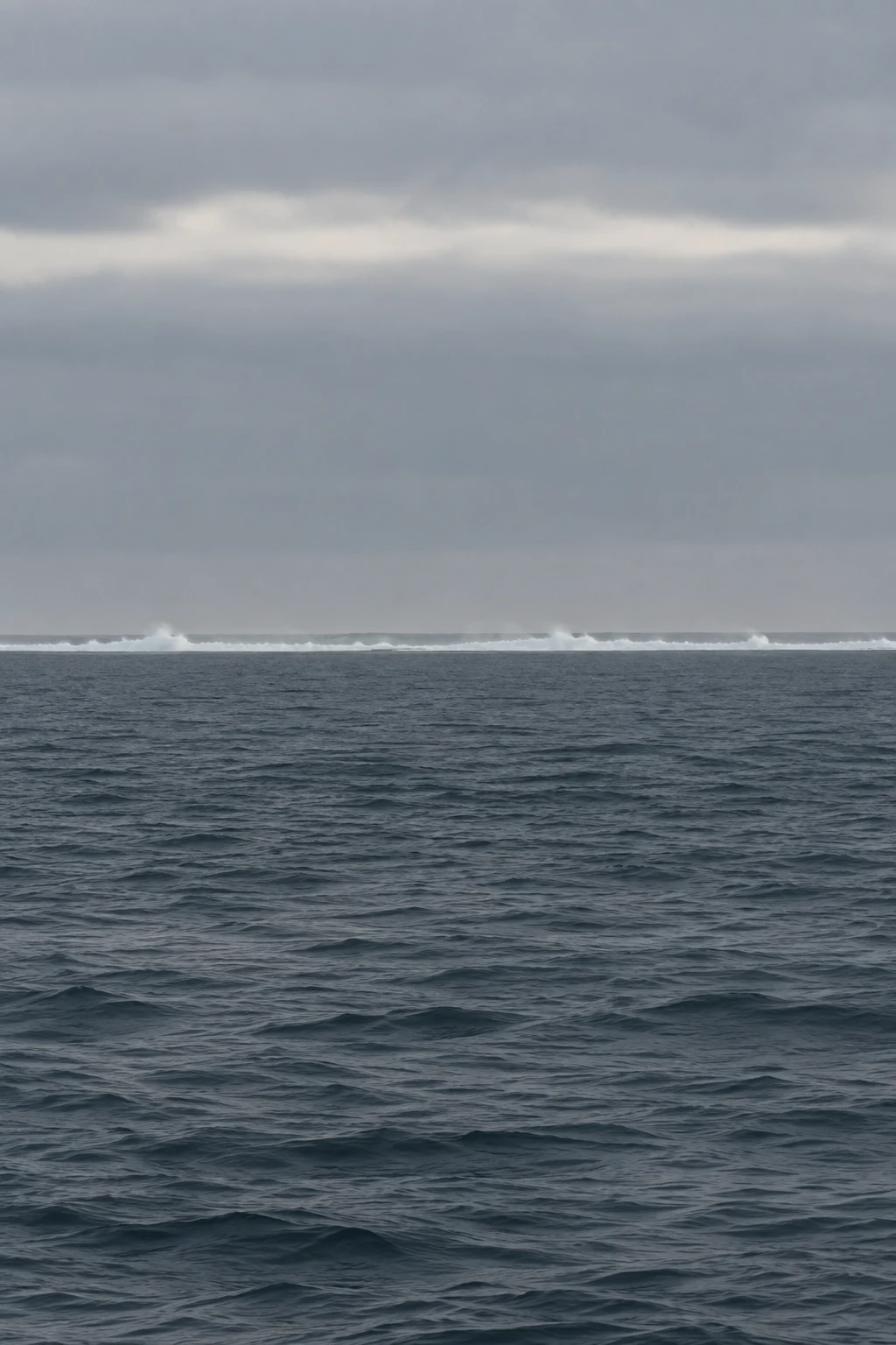 A thin distant line of white breakers divides dark rippled sea from a broad gray sky.