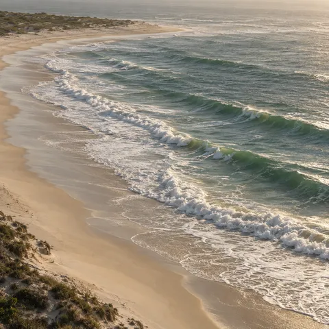 Soft green surf curves around a sandy point in muted warm light.