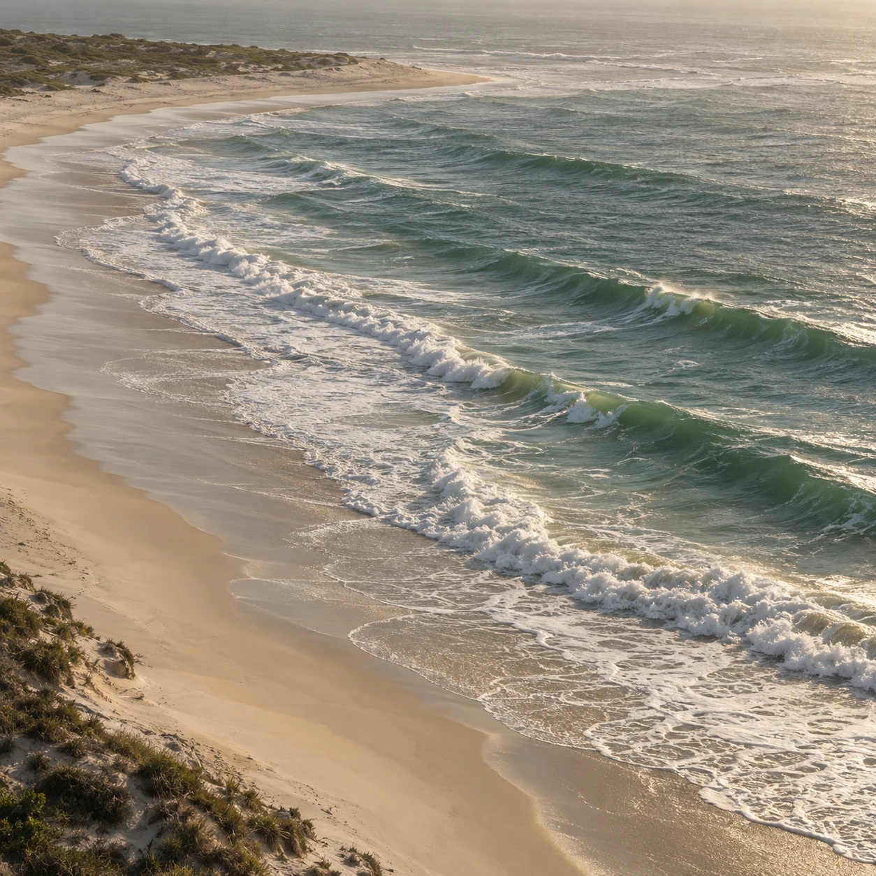 Soft green surf curves around a sandy point in muted warm light.