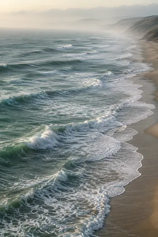 Successive surf lines follow a long sandy shore into pale coastal mist.