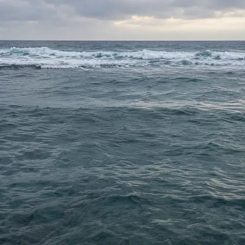 An uneven white breaker band crosses blue-gray water beneath a narrow clouded sky.