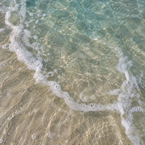 A thin curling foam trail crosses clear shallow water above pale sand.