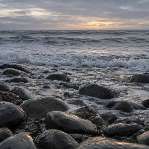 Rounded wet black stones fill the foreground as a small wave approaches beneath a muted dawn sky.