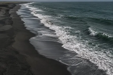 A winding white shorebreak traces a long empty black-sand coast.