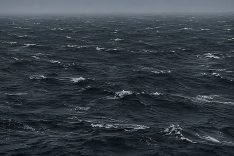 Small whitecaps scatter across dark charcoal water beneath a misty horizon.