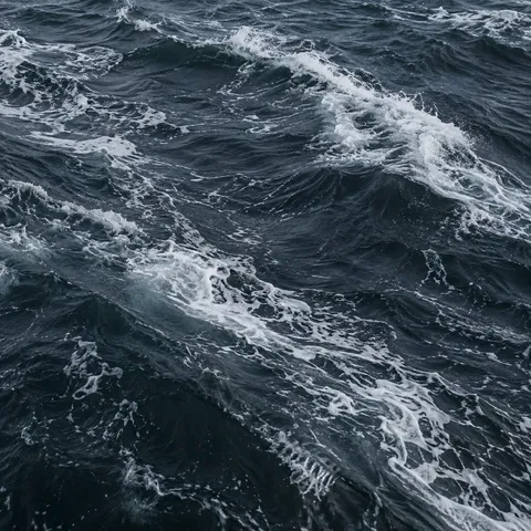 Dark wind-driven waves cross diagonally with scattered white foam.