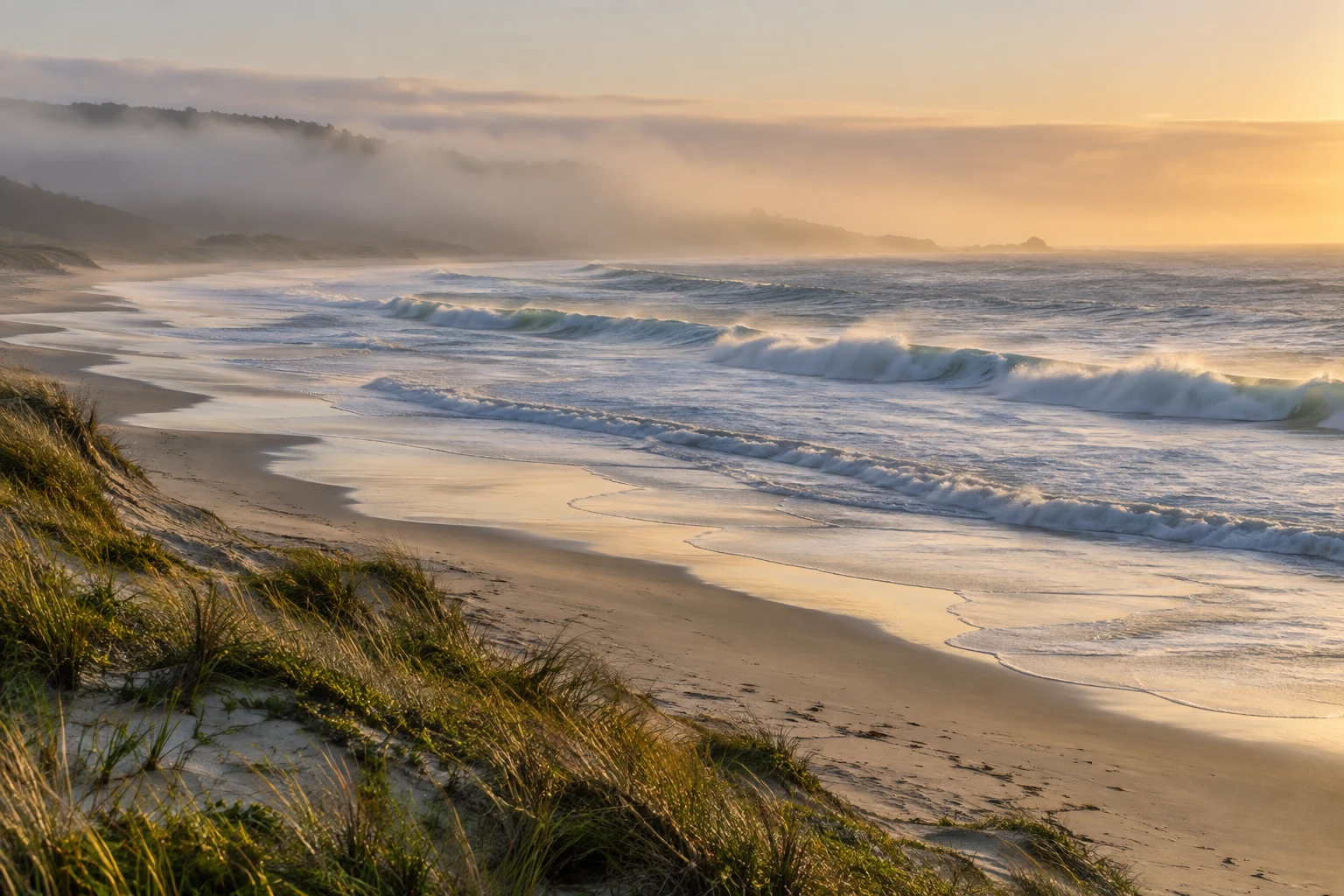 Dune grasses overlook a long pale beach, warm-lit surf and a wooded hill wrapped in morning mist.