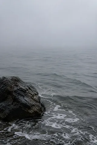 A single rough dark boulder rests beside thin foam and calm gray water disappearing into fog.