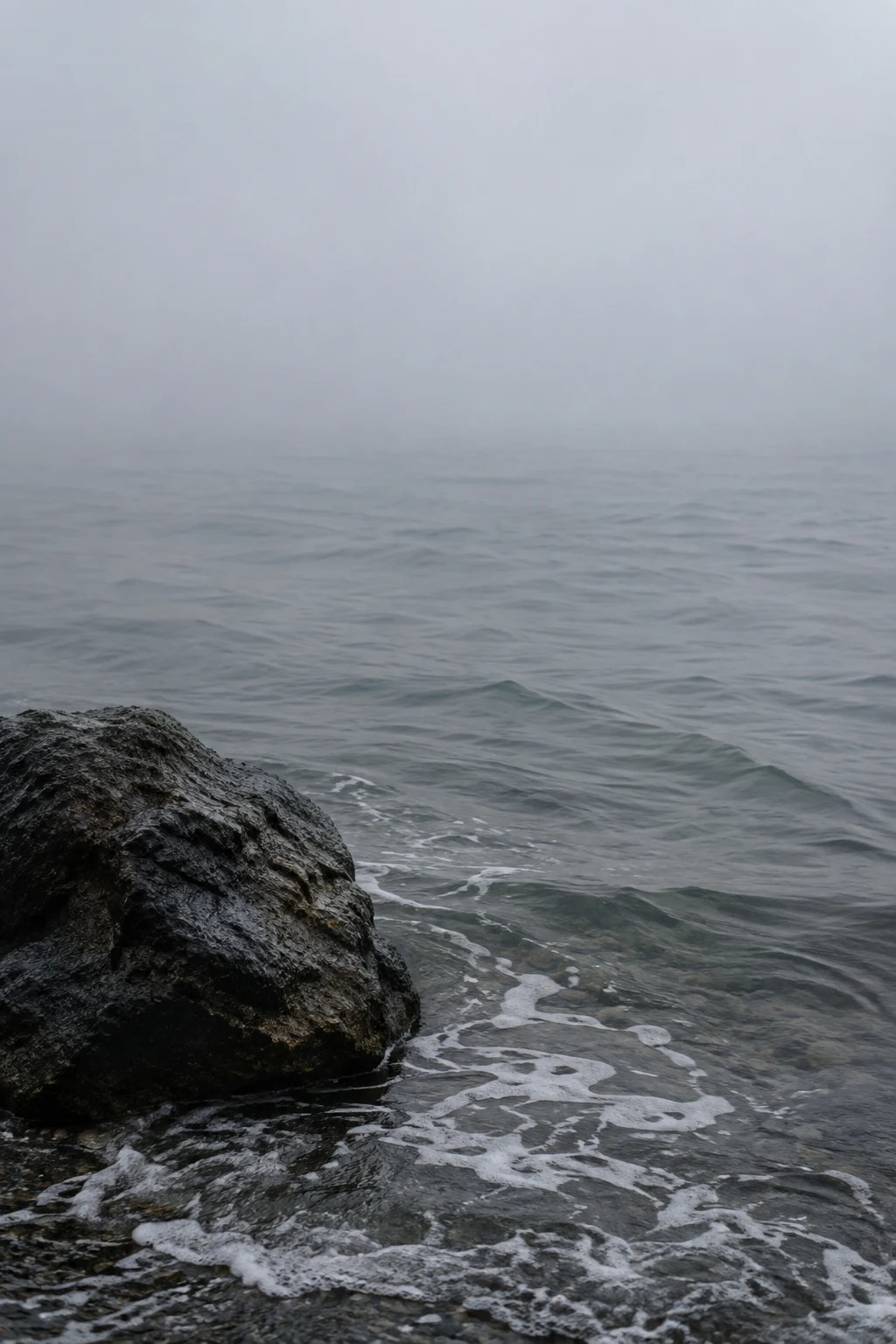 A single rough dark boulder rests beside thin foam and calm gray water disappearing into fog.