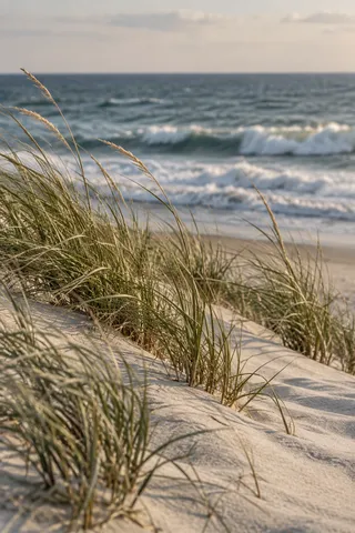 Slender dune grasses catch soft light above a sandy slope, with blue-gray breakers blurred beyond.