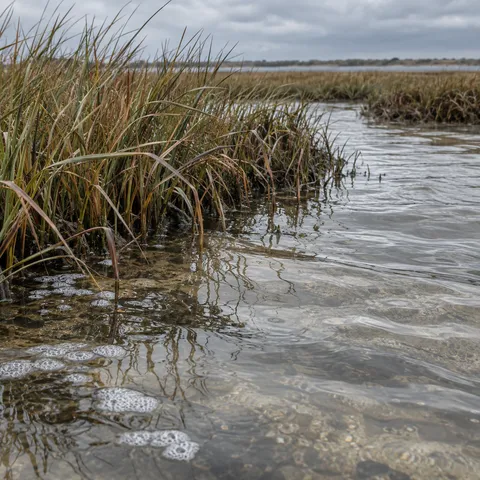 Rusty and olive marsh grass borders a clear rippling tidal channel beneath gray clouds.