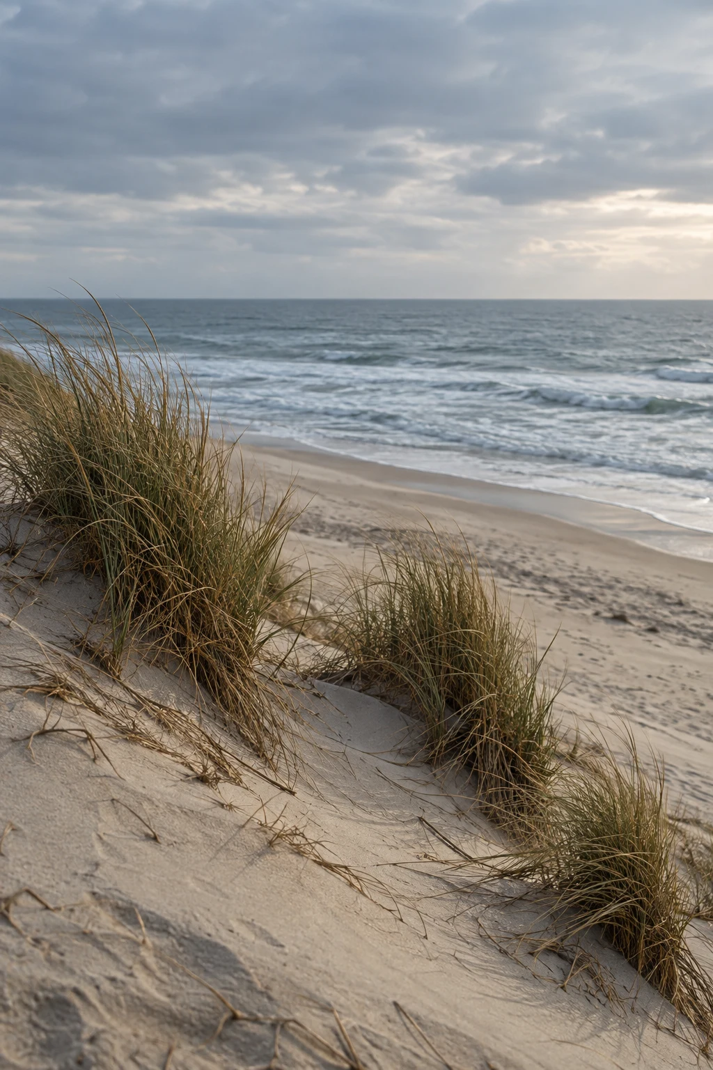 Three irregular grass clumps descend a sandy slope toward cool surf under a clouded sky.