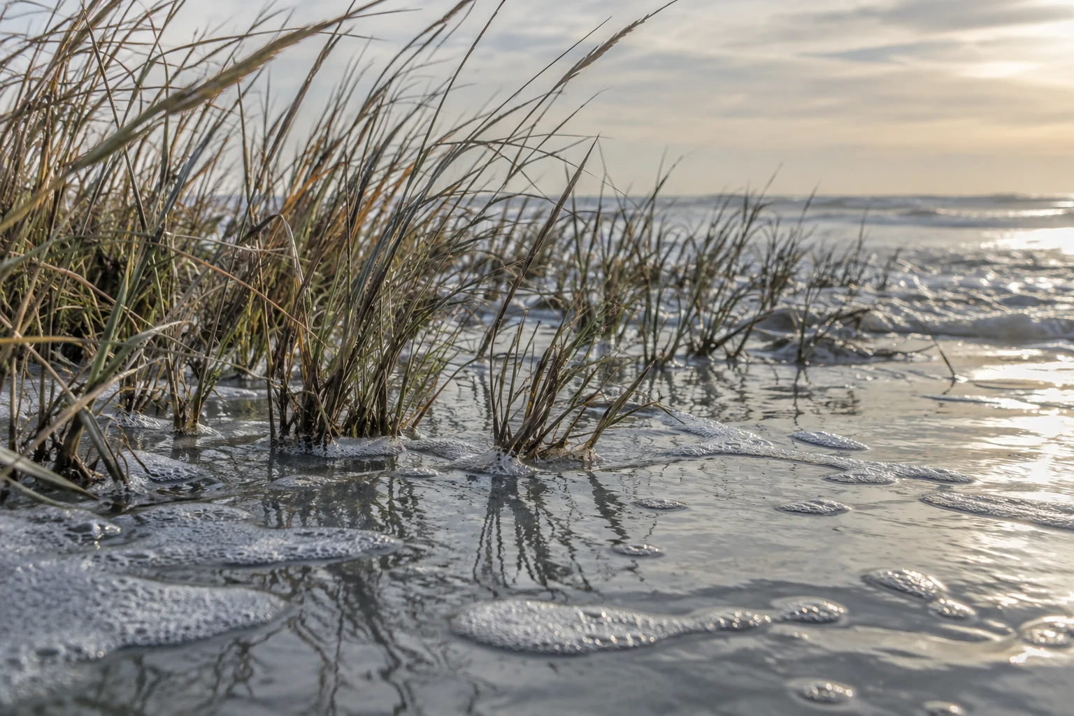 Slender coastal reeds rise through shallow foaming water in pale morning light.