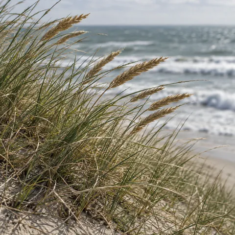 Tawny beach-grass seed heads lean above pale sand with soft white surf in the distance.
