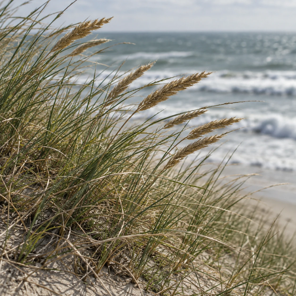 Tawny beach-grass seed heads lean above pale sand with soft white surf in the distance.