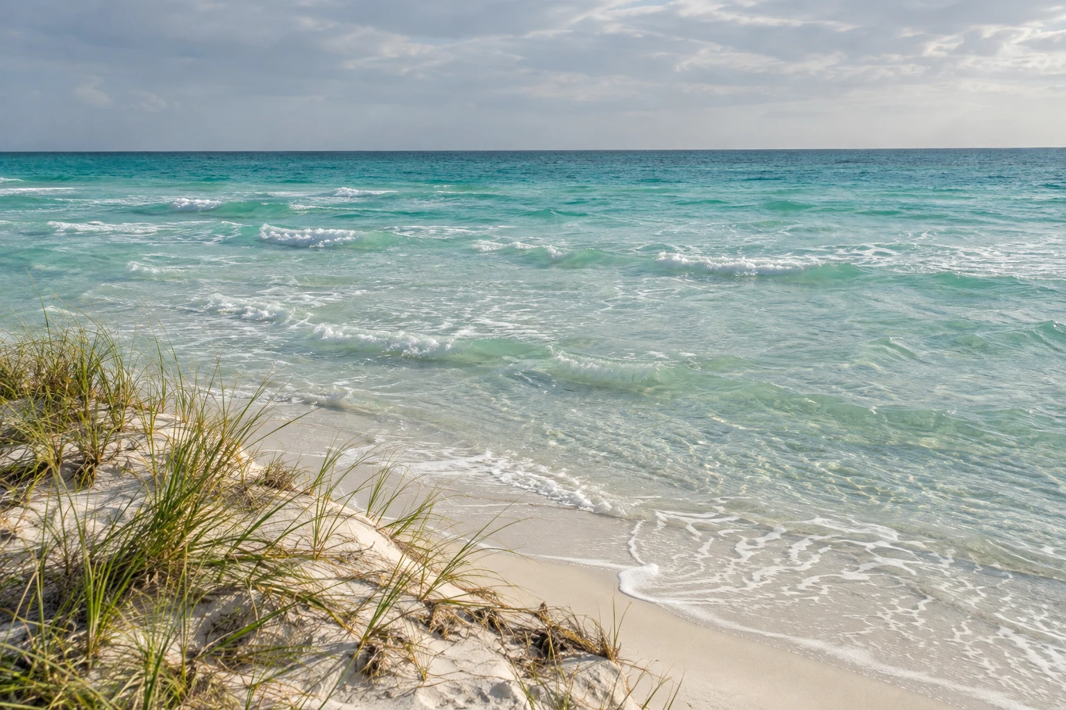 Sparse dune grass borders pale sand beside a wide expanse of clear turquoise shallows.