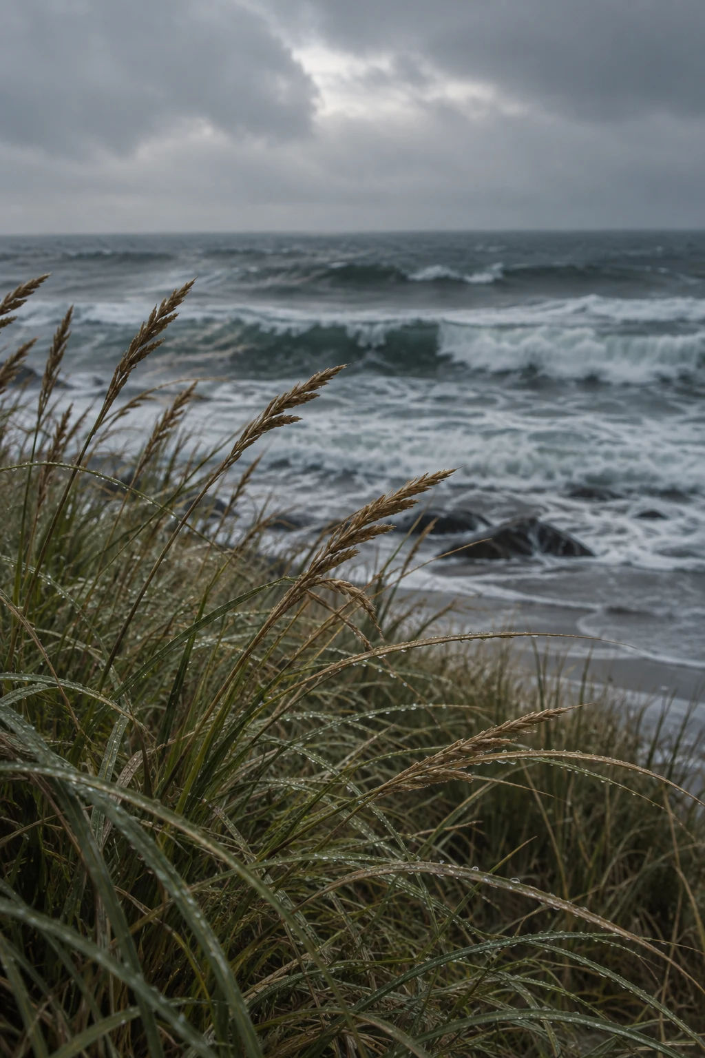 Rain-beaded grass and tawny seed heads stand before dark surf and heavy coastal clouds.